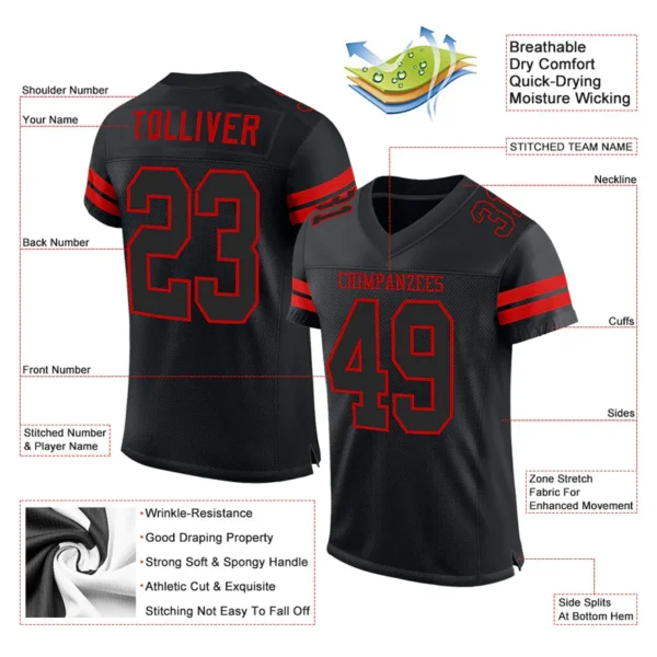 Custom Black Black-Red Mesh Football Jersey - Zarden